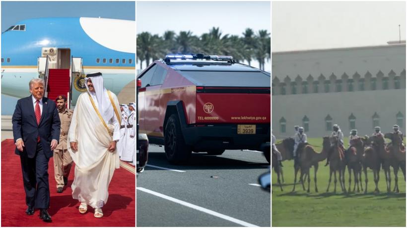 Trump a fost întâmpinat în Qatar cu călăreți pe cămile și camionete Cybertruck roșii: „N-am mai văzut de mult timp așa cămile”