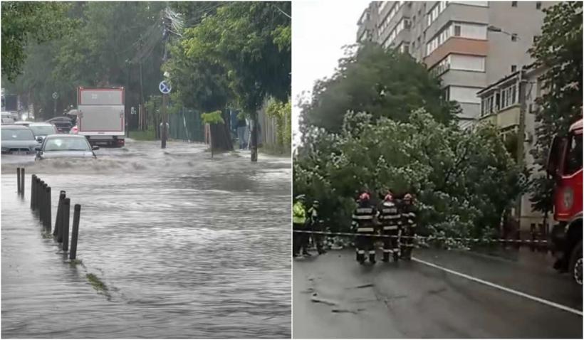Furtună puternică în București: Ploile torențiale au inundat mai multe bulevarde. Copaci căzuți și străzi blocate