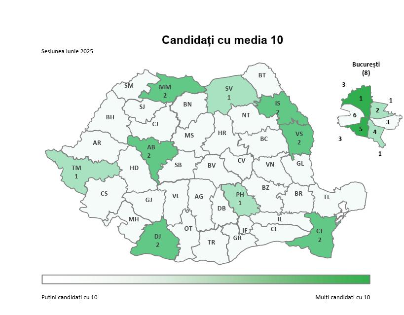 Harta mediilor de 10 la Bac 2025. Numărul elevilor cu rezultat maxim e cel mai mic din ultimii zece ani