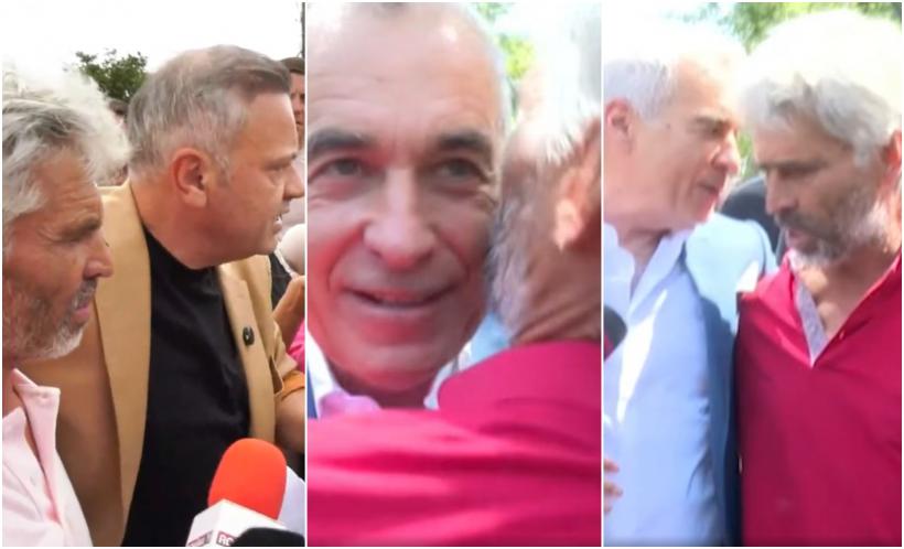 Fermierul de la Lungulețu, pe care îl ținea în brațe Florin Barbu, se pupă cu Călin Georgescu. La protestul de duminică a adus cartofi