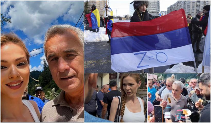 Purtătoarea steagului Rusiei la protestele de la Guvern și admiratoare a lui Putin, alături de Călin Georgescu la Broșteni