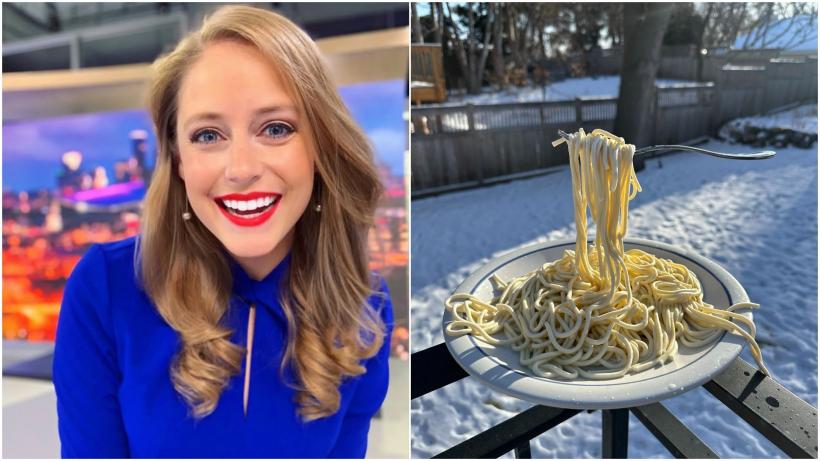 O meteoroloagă arată cum se simt, de fapt, - 29 de grade și a făcut experimentul cu spaghetele. Mâncarea a înghețat instantaneu