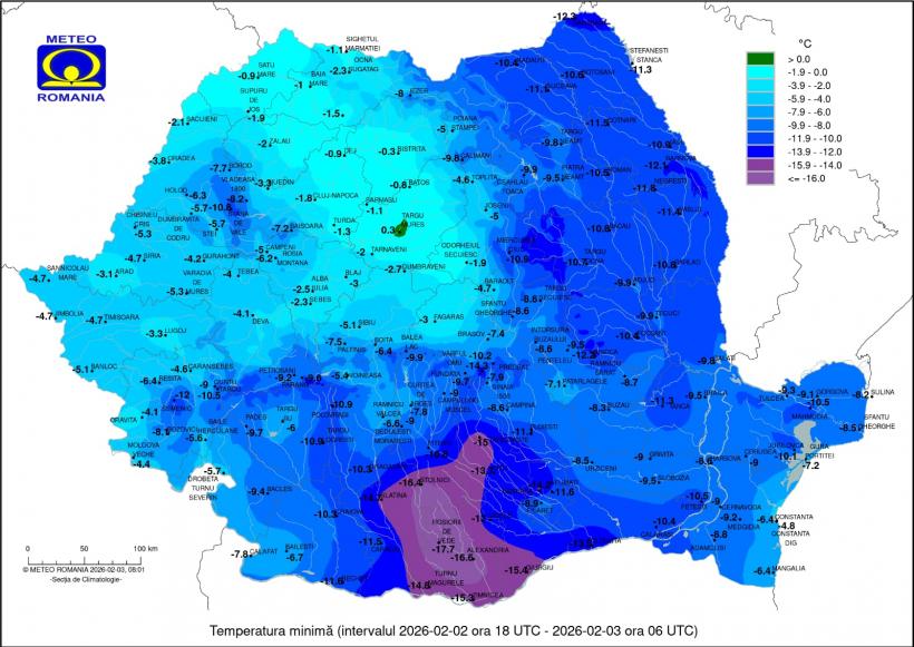 Harta gerului din România: Temperaturi de -18 grade în sudul țării și -14 înregistrate în București