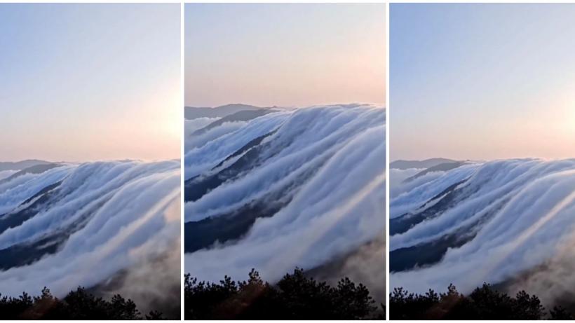 Cascadă uriașă de nori peste munții din China. Fenomenul meteorologic spectaculos a transformat cerul într-un tărâm de basm