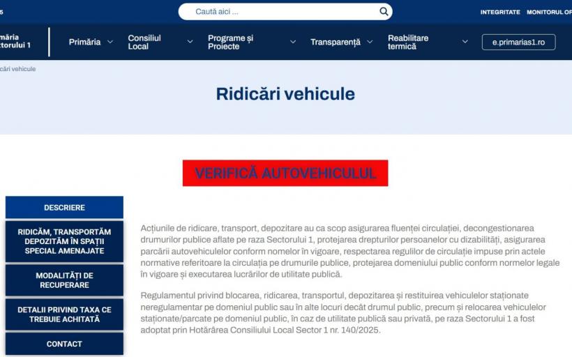 Primăria Sectorului 1 lansează un serviciu online pentru verificarea maşinilor ridicate de pe domeniul public