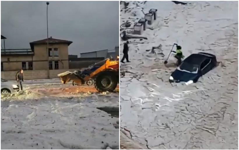 A căzut grindină în strat atât de gros pe străzile din Gaziantep, că a fost nevoie să fie luată cu excavatorul. Alerte meteo în Turcia