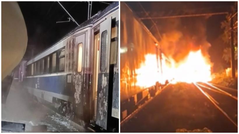 Un TIR a luat foc, după ce șoferul a ignorat semnalele de avertizare și s-a izbit de un tren