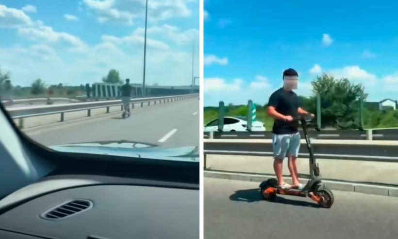 VIDEO Cu trotineta electrică pe autostrada A3. Un tânăr merge pe banda de viteză pe trotinetă, iar şoferii sunt obligaţi să-l ocolească