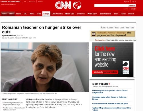 CNN relatează cazul învăţătoarei Cristiana Anghel, aflată de două luni în greva foamei 