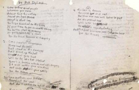 Manuscrisul piesei &quot;The Times They Are A-changin'&quot;, de Bob Dylan, cumpărat cu 422.500 dolari