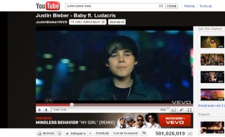  Record pe YouTube: 500 de milioane de vizualizări pentru un videoclip al lui Justin Bieber