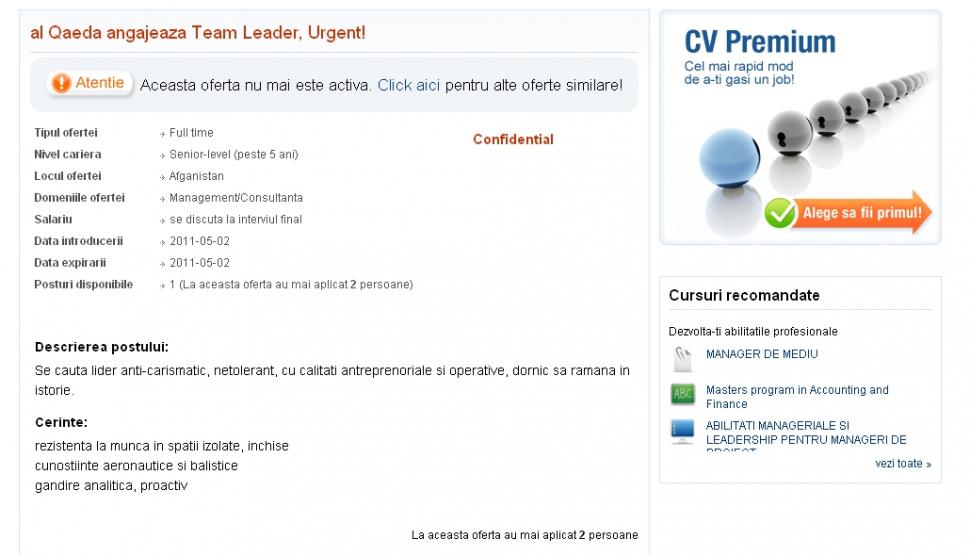 Ofertă de job: Al-Qaida angajează Team Leader. Urgent! 94459