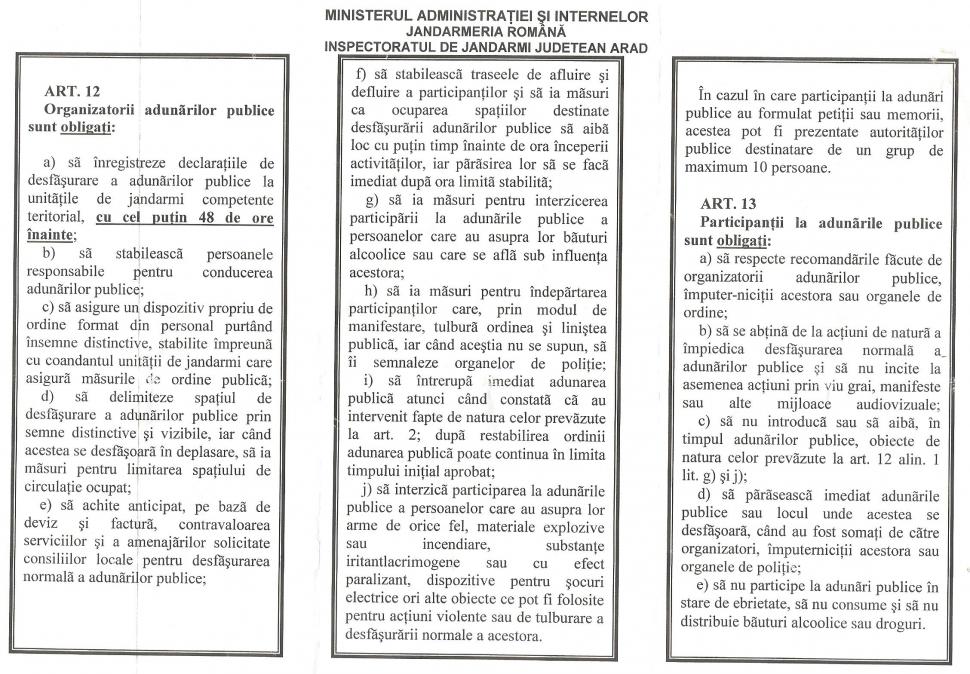 Tehnici de intimidare la Arad? Pliante cu articole de lege privind protestele publice, împărțite de jandarmi 126908