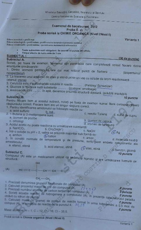 BACALAUREAT 2012. Vezi ce subiecte s-au dat la chimie 155686