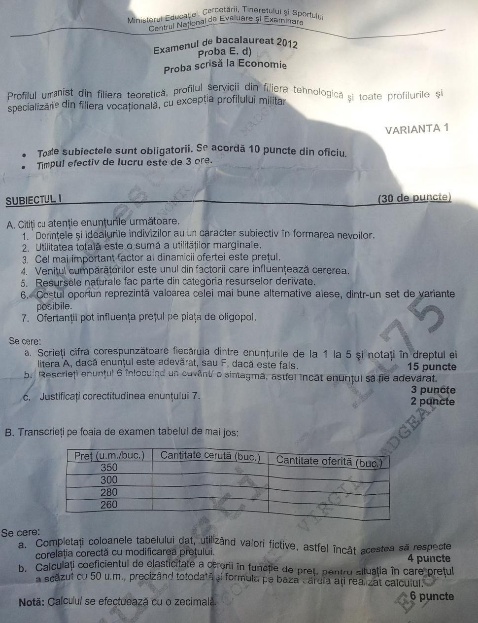 BACALAUREAT 2012 - Vezi subiectele la economie 155706