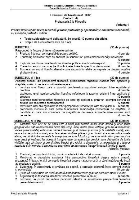 BACALAUREAT 2012 - Vezi subiectele la filosofie 155777