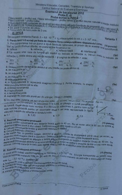 BACALAUREAT 2012 - Vezi subiectele la fizică 155699