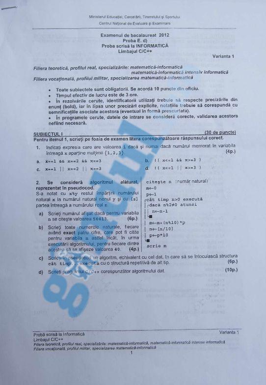 BACALAUREAT 2012 - Vezi subiectele la informatică 155709