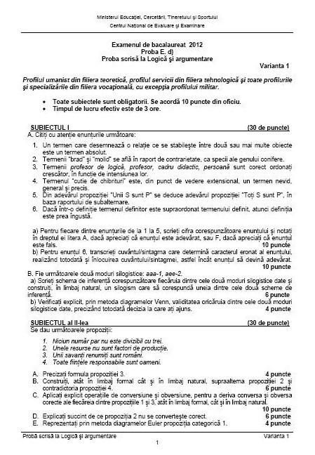 BACALAUREAT 2012 - Vezi subiectele la logică 155780