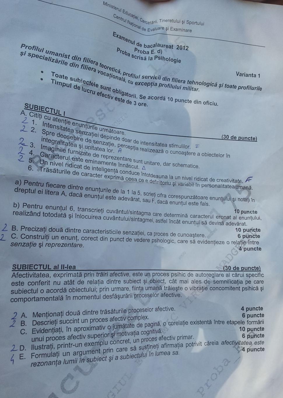 BACALAUREAT 2012 - Vezi subiectele la psihologie 155695