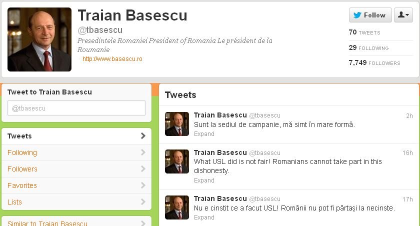 Băsescu, foarte activ pe Twitter. Ce scrie preşedintele suspendat pe reţelele de socializare. Cine mai dă &quot;Like&quot;?