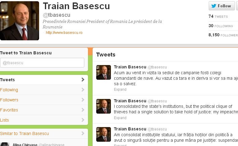 Poveste venită de peste mări, pe Twitterul lui Băsescu. Cine va salva ţara şi a ajuns la sediul de campanie