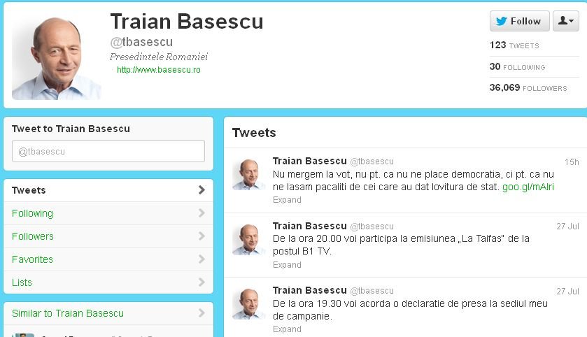 Băsescu continuă jocul &quot;alba-neagra&quot; şi pe Twitter. Preşedintele suspendat susţine boicotarea referendumului