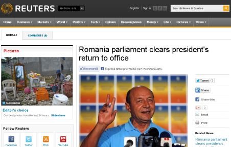 Cum este văzută revenirea lui Băsescu la Cotroceni, în presa internaţională  