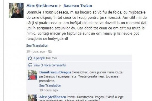 Scriitorul şi criticul Alex Ştefănescu vrea să fie bodyguard-ul lui Băsescu. Anunţul, făcut public pe Facebook