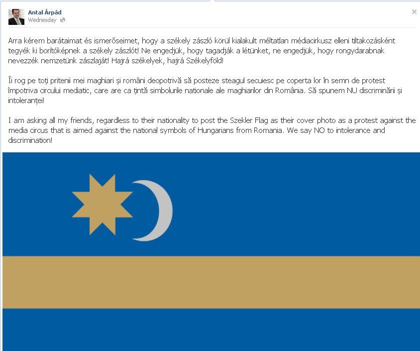 Primarul din Sfântu Gheorghe mută "războiul steagurilor" pe Facebook. Ce mesaj a postat Antal Arpad  192157