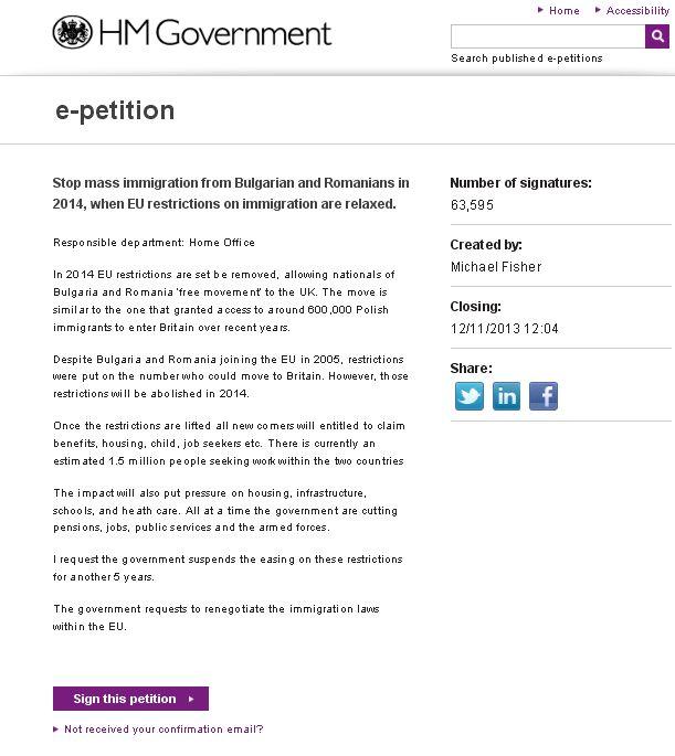 "Opriţi imigraţia în masă din Bulgaria şi România în 2014!" Petiţia online a fost semnată de peste 63.000 de britanici 196058