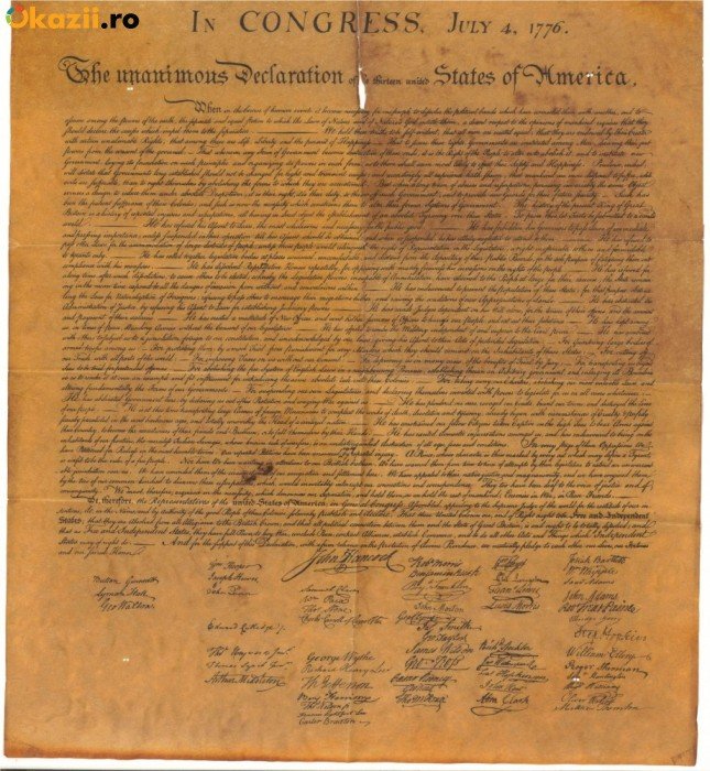 &quot;Declaraţia de Independenţă a Statelor Unite ale Americii din 1776&quot;, de VÂNZARE pe un site din România. Care este preţul