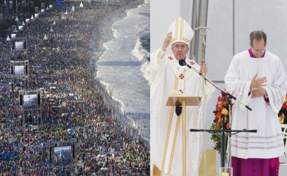 Papa Francisc, primit cu urale de mulţimea de credincioşi de la Rio. Călugăriţe şi turiste în bikini, la slujba de pe plaja Copacabana 