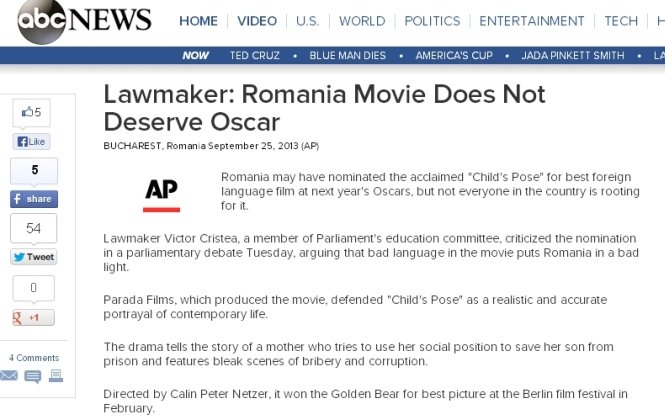 &quot;Filmul românesc nu merită Oscarul!&quot;. Presa străină, după ce un politician român a criticat &quot;Poziţia copilului&quot;
