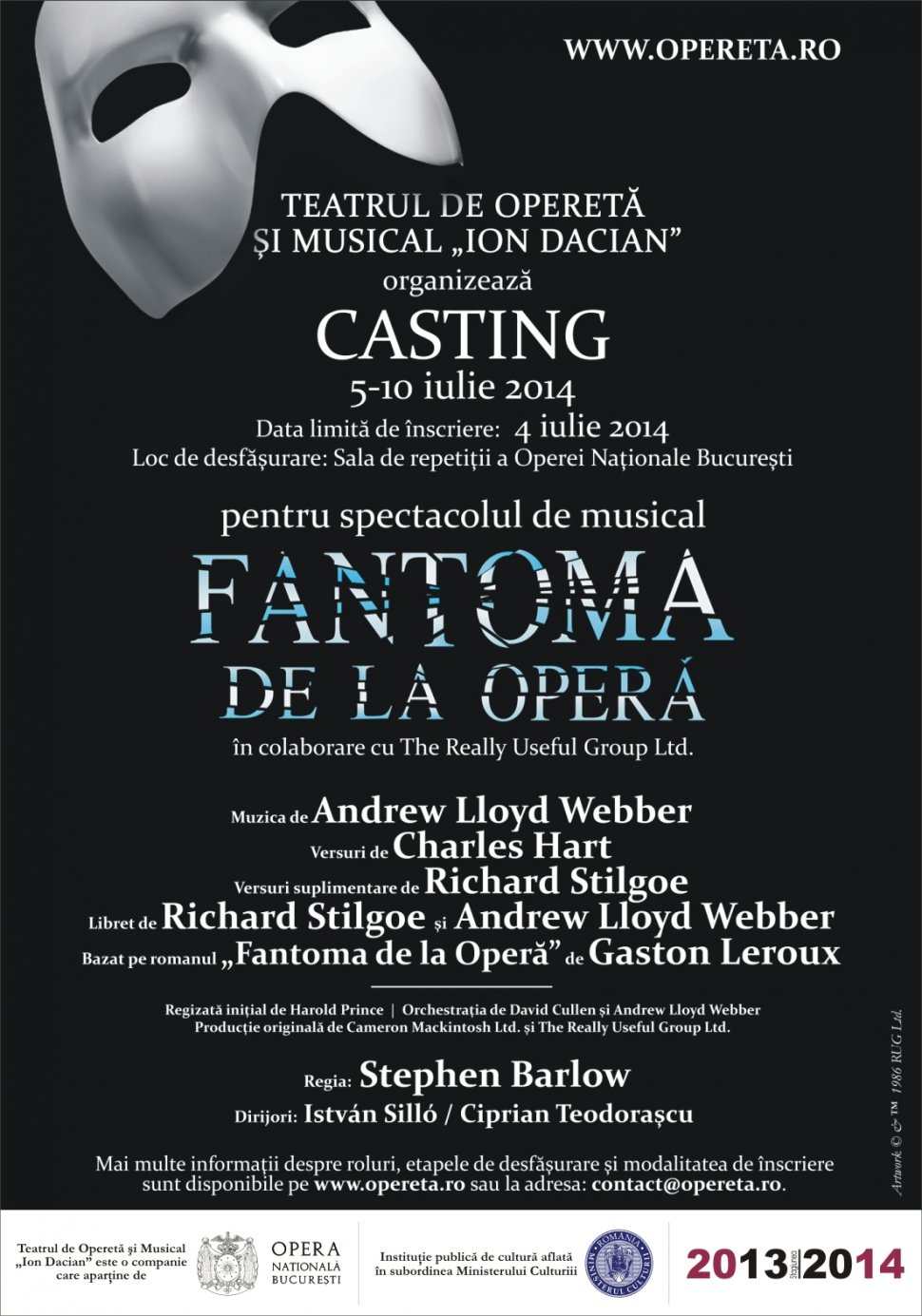 Teatrul de Operetă şi Musical organizează CASTING pentru spectacolul de musical „FANTOMA DE LA OPERĂ”