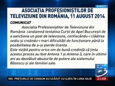 APTR, together with  Antena 1 and  Antena 3: „It is an outrageous action  on the part of the  DNA to block the voice of  TV stations watched by millions of Romanians”