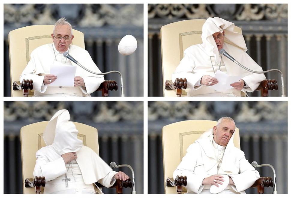Imaginile fac înconjurul lumii. "Papa Francisc s-a jucat de-a v-aţi ascunselea". Vântul s-a jucat cu suveranul pontif 273267