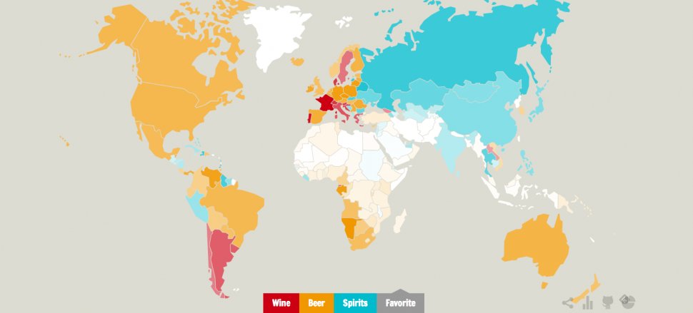 Bere, vin, sau băuturi spirtoase? Harta care îţi arată ce băuturi sunt preferate în toată lumea