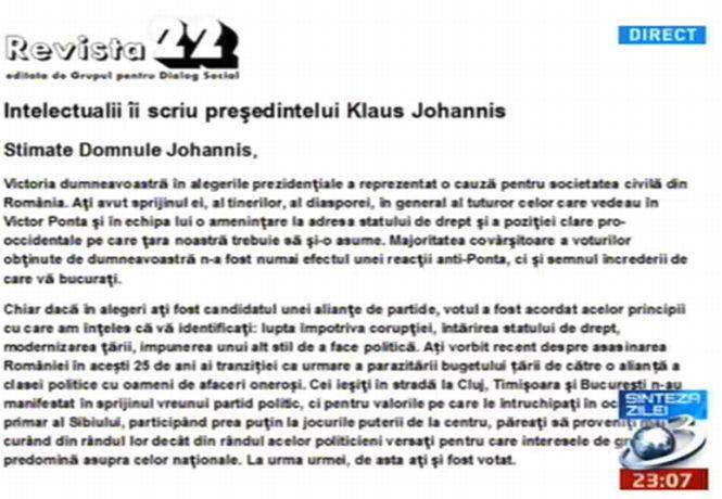 Scrisoare deschisă a intelectualilor pentru Klaus Iohannis, prezentată la Sinteza Zilei