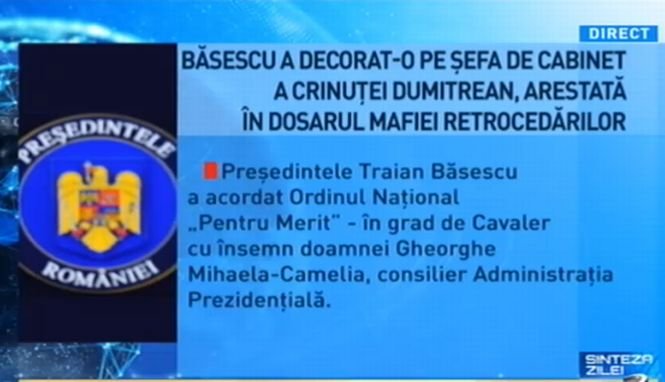Sinteza Zilei. Băsescu a decorat-o pe şefa de cabinet a Crinuţei Dumitrean
