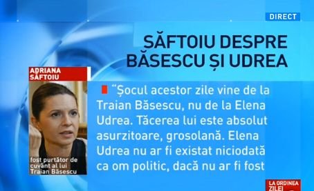 La ordinea zilei: Adriana Săftoiu, despre &quot;tăcerea absolut asurzitoare, grosolană&quot; a lui Băsescu, în scandalul care o vizează pe Elena Udrea