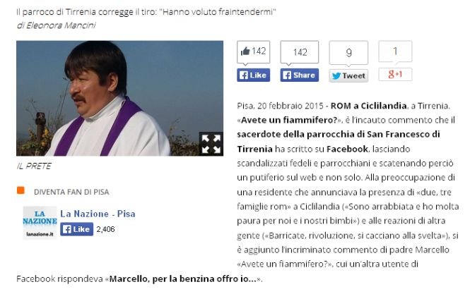 &quot;Vin romii, aveţi chibrituri?&quot; Un preot român stabilit în Italia, acuzat că a postat pe Facebook un mesaj jignitor 