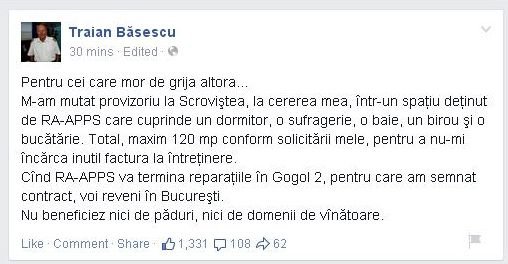 Traian Băsescu recunoaşte că s-a mutat la Scroviştea. Locuieşte în 120 de metri pătraţi, &quot;pentru a nu încărca factura la întreţinere&quot;