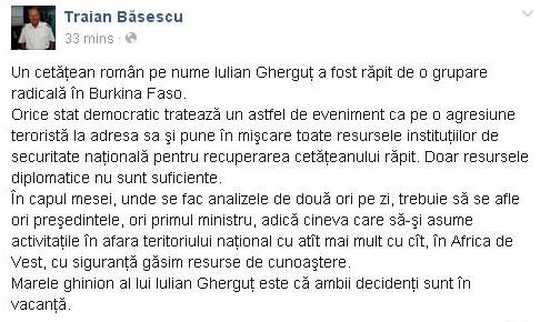 Băsescu, atac la Iohannis şi Ponta în cazul românului răpit în Burkina Faso