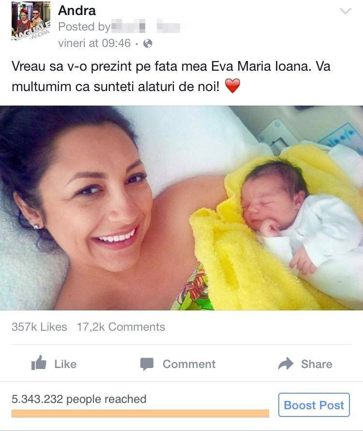 Andra, record pe Facebook după nașterea Evei. Milioane de oameni au fost curioși