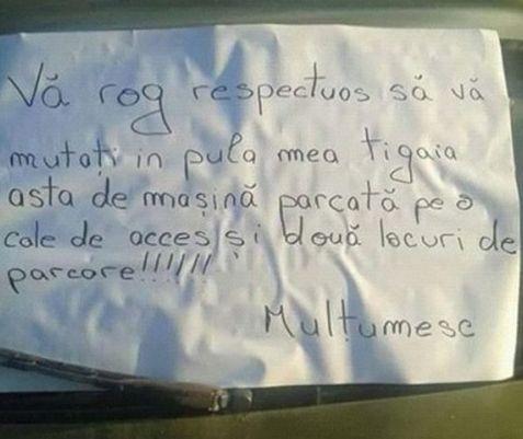 FOTO Ce mesaj a găsit pe lunetă un şofer din Iaşi, după ce a blocat o cale de acces şi două locuri de parcare 319920