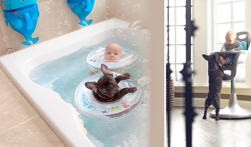 GALERIE FOTO! Un bebeluş şi un căţel născuţi în aceeaşi zi se cred fraţi şi fac totul împreună 321724