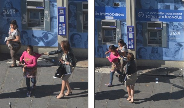 Momentul șocant în care o femeie este jefuită lângă un bancomat din Paris de două femei de etnie romă. Nimeni nu intervine. FOTO