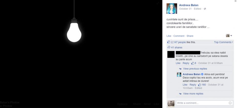 ”Pe cine au sarbatorit, pe satana, de asta au parte acum”. Reacția Andreei Bălan după ce o fană i-a lăsat acest mesaj pe Facebook 341498