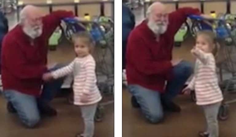  Momentul adorabil în care o fetiță îl confundă pe un bătrân cu Moș Craciun, într-un supermarket: ”Îți las niște prăjituri”. Reacția ”Moșului”